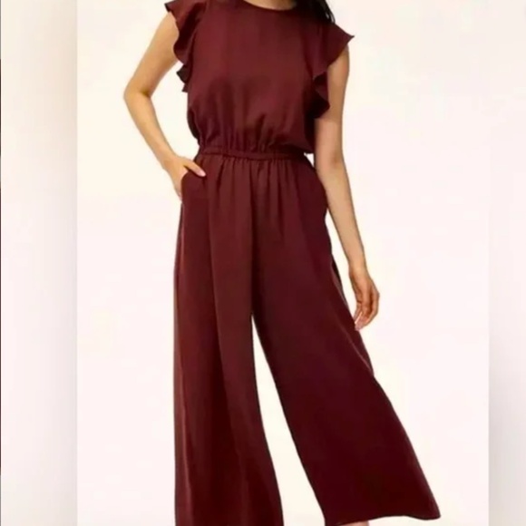 Wilfred Fleurette Cropped Wide Leg Ruffle Sleeve Jumpsuit – Wine, Size Medium - Picture 6 of 6